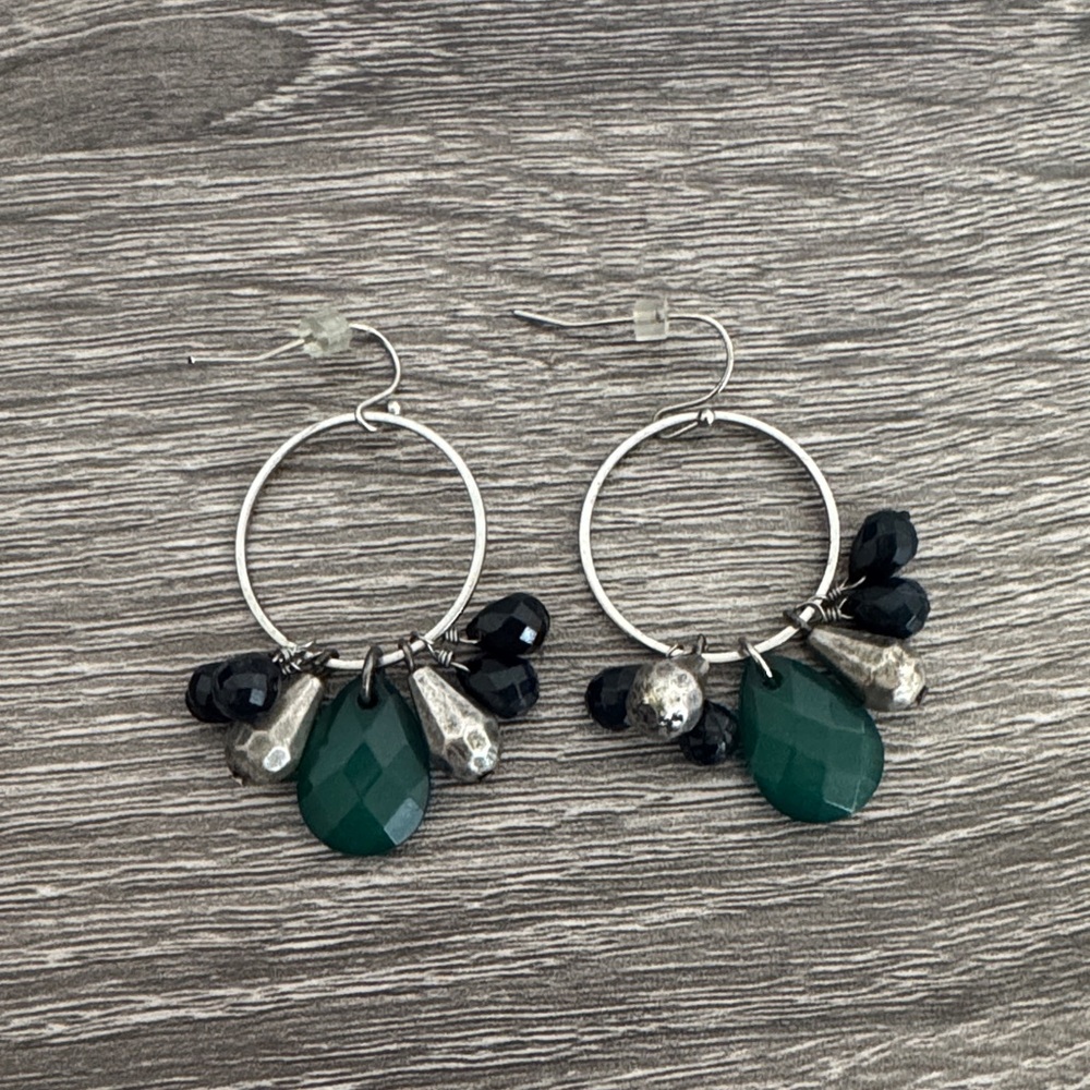 Handcrafted Green and Navy Gemstone Hoop Earrings